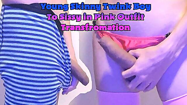 Young Skinny Twink Boy To Sissy in Pink Outfit Transformation 
