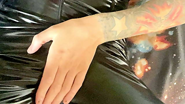 Trans girl teasing in PVC leggings and sexy lingerie