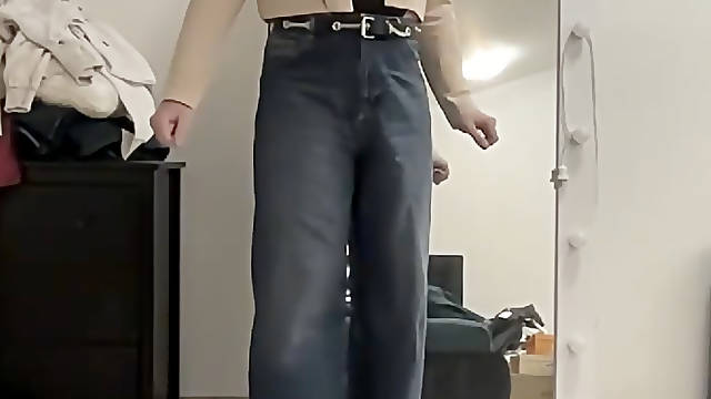 Office tranny in wide leg palazzo flared jeans, shirt body and crop jacket masturbating to be trained to cum in office