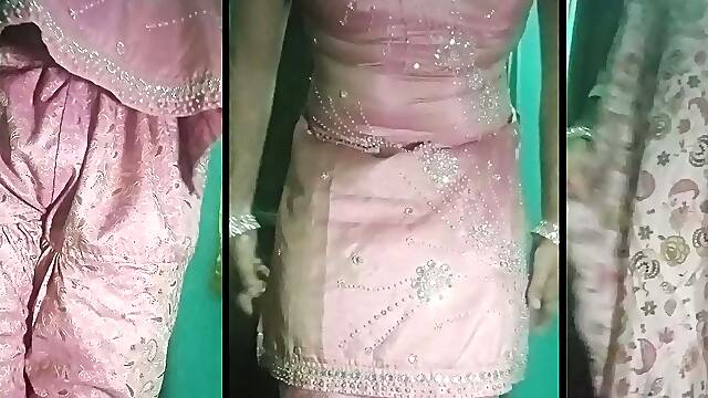 Indian Gay Crossdresser Wife Gaurisissy in Pink Salwar Kurta Pressing Her Big Boobs