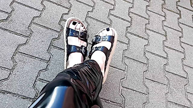 I walk around in latex leggings and sexy sandals