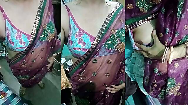 Indian Gay Crossdresser Gaurisissy showing her full body and pressing and playing with her big boobs in pink saree