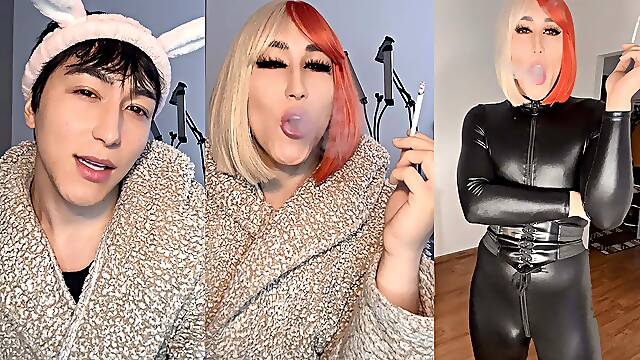 Smoking sissy slut full feminization with catsuit and boots