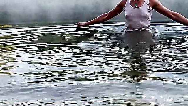 Swimming in the lake on morning in clothes...and nude... wet &amp; happy! wetlook transgirl.
