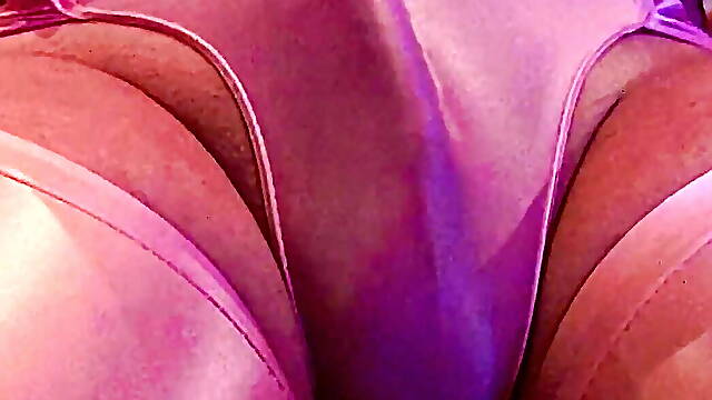 I rub my cock bulge in my pink silky shiny jumpsuit with my red satin gloves