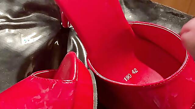 Cum on Red High Heel Mules 1