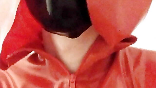 Shower undressing red latex hooded swing dress and stockings and transparent pants