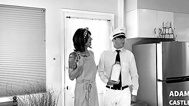 ATOMIC BOMBSHELL: 50s Tmilf Milkman Fuck IN BLACK &amp; WHITE
