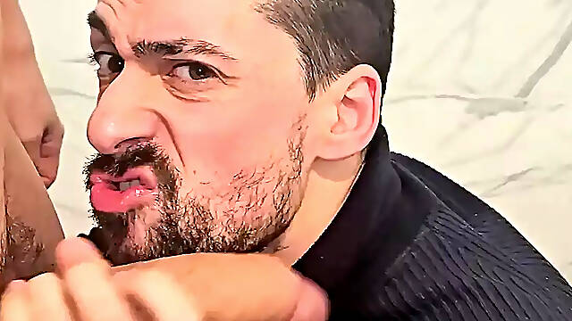 Hot daddy sucking twink big cock in a public bathroom