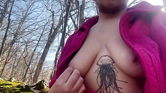 Ftm Topless Hiking: Breastplay in a Mossy Forest