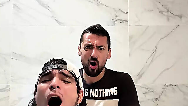 Hot daddy fucking sexy latino in public bathroom