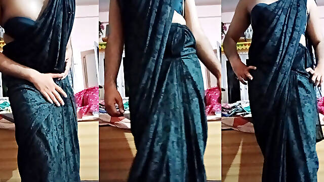 Indian Gay Crossdresser Gaurisissy Looking Hot in Black Saree