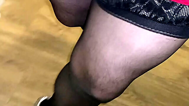 Crossdresser flaunting by walking around in short skirts and dresses, heels and stockings trying to arouse cocks and shemales