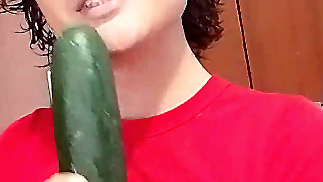 Beautiful femboy arrives at his house excited and decides to smear his body with oil and play with a cucumber
