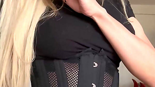 Blonde Trans Schoolgirl in Short Skirt and Collar Shows Tits and Ass