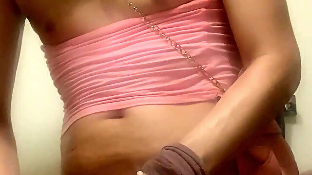 Oiled Sweaty Trans Slut In Pink Drips Precum Imagining Dildo Is A Mans Hard Cock