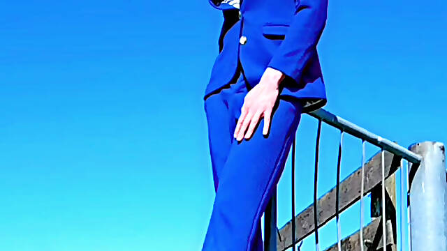Annemieke in Blue Suit Pissing Outdoor