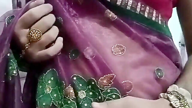 Indian Gay Crossdresser Bottom Gaurisissy Pressing and Playing with Her Big Boobs in Purple Saree with Heavy Jwellery
