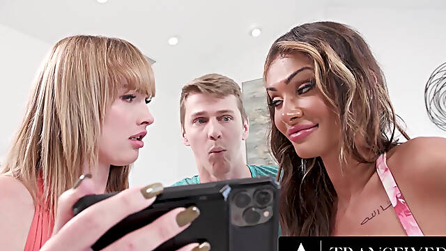 TRANSFIXED - Two Hot Trans Seduce Man With Porn Leading To Hard Trans Double Anal
