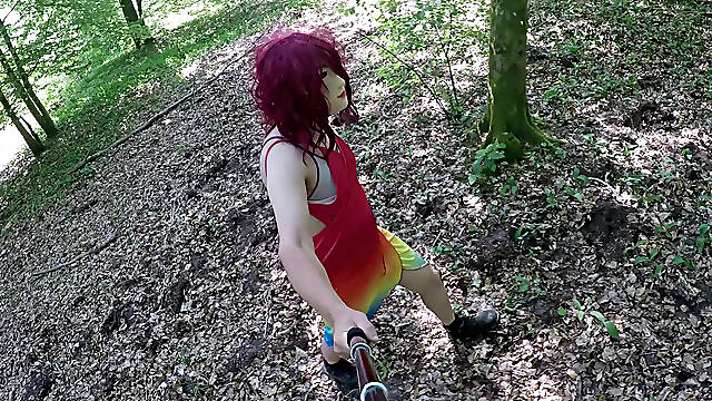 Trans girl undresses in the forest and masturbates to ejaculation.