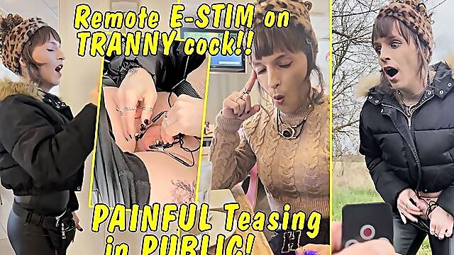 Remote e-stim on Tranny girl cock! Painful teasing in public!