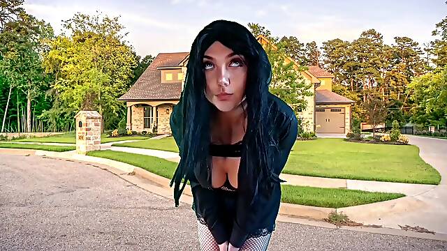 555 Femboy Outdoor Pretty Gothic Traveller in front of delicious Home