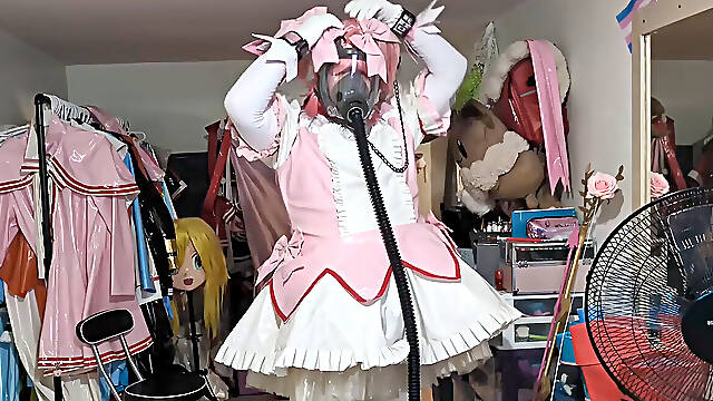 PVC Magical chick Madoka, Gasmask, restrain bondage and Cum Eating concluding